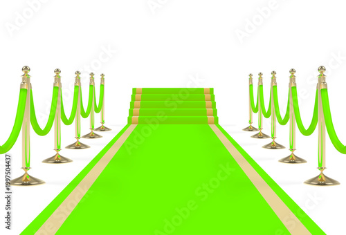 Green carpet with stairs, podium, ropes and golden stanchions. Vector illustration.