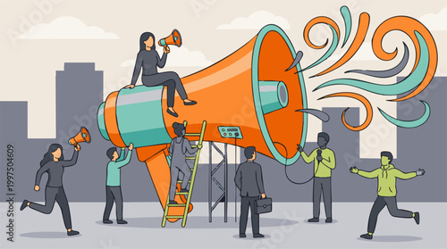 Diverse group of people collaborating to amplify a message with a giant megaphone