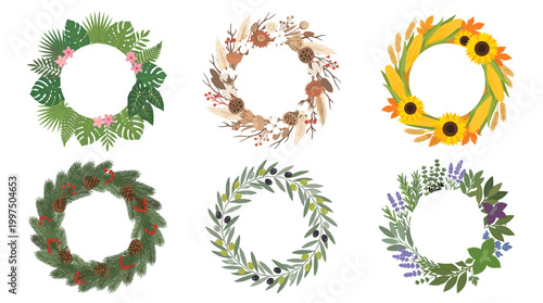 Collection of six decorative wreaths with various styles