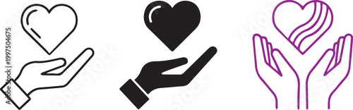 Hand holding heart care and love vector icon set charity support compassion donation healthcare symbol outline and solid illustration