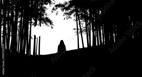 Silhouette of a lonely person standing in a bamboo forest