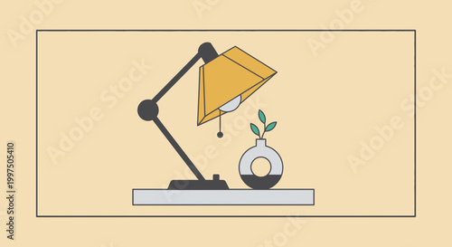 Cozy Desk Setup with Lamp and Small Plant, Interior Scene