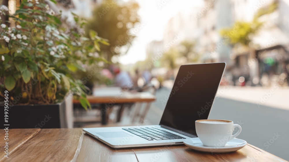 Fototapeta premium Laptop and Coffee at Outdoor Cafe