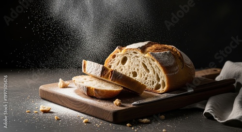 Artisan sourdough bread loaf dusted with flour on wooden board, baked goods
