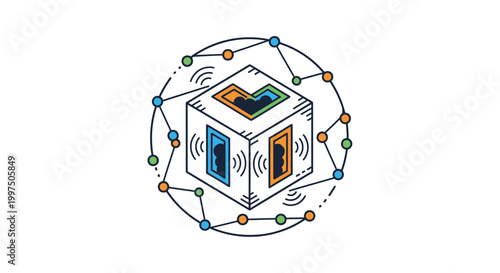 Colorful cube with network connections.