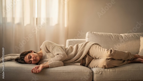 Peaceful woman resting comfortably sleeping on home sofa