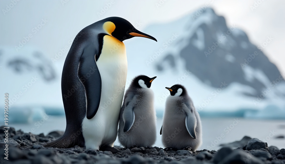 Fototapeta premium Emperor penguin with two fluffy chicks in Antarctic coastal landscape- world Penguin Day