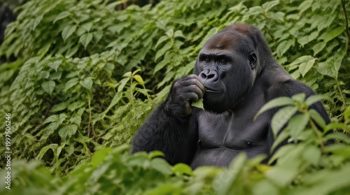 Gorilla silverback eating green leaves in lush jungle environment