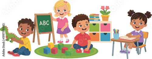 Group of children learning and playing together in a classroom illustration, joyful elementary students engaging in educational activities, collaborative study environment, 