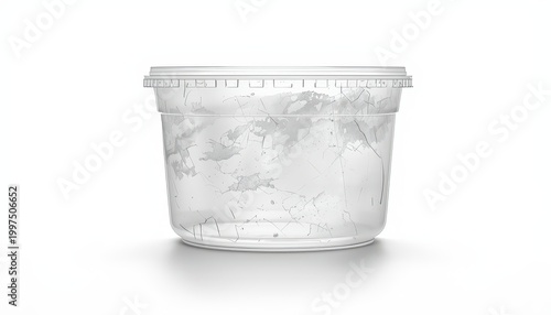 Used plastic food container showing cloudiness and scratches