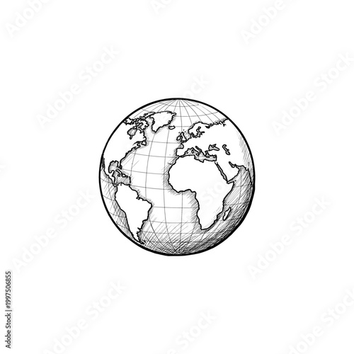 Outline of the Earth globe in black and white sketch style  
