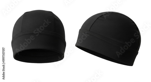 Black sport beanie hat helmet liner mockup set in two views for cycling or winter outdoor activity