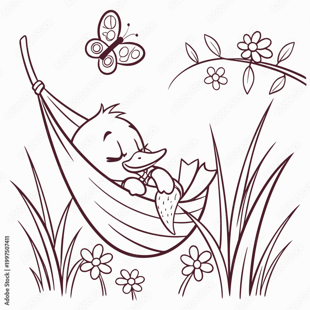 Naklejka premium A cute duckling sleeps peacefully in a hammock surrounded by flowers and a butterfly