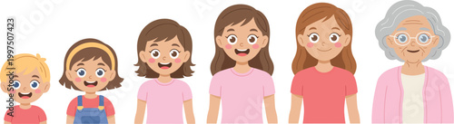 Happy smiling woman aging process from toddler to elderly with different hairstyles, chronological life stages illustration showing growth, youth, adulthood, and senior age,