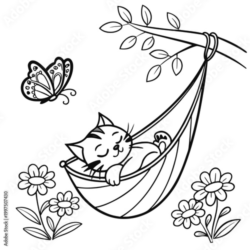 A cute cat sleeps peacefully in a hammock surrounded by flowers and a butterfly