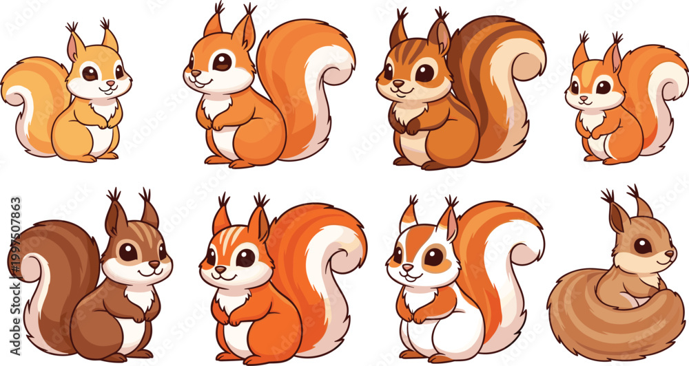 Obraz premium Cute Squirrel Characters in Different Poses and Fur Colors for Animal, Nature, and Cartoon Designs
