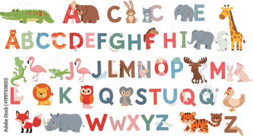 Whimsical Animal Alphabet Vector Set with Colorful Letters and Cute Wildlife Characters for Kids Educational Posters, Nursery Decor, Kindergarten Learning, and Children's Storybook Graphic Design