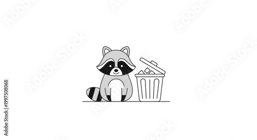 Cute Raccoon Exploring Trash Can Outdoors, Wildlife Concept