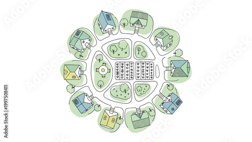 Top-Down Community: A serene aerial view showcasing a thoughtfully planned community layout. Dotted with homes and green spaces, symbolizing modern living and harmonious urban design.