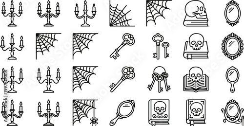 Gothic and halloween line art icon set with candelabra, spider webs, skulls on books, antique keys and mirrors.