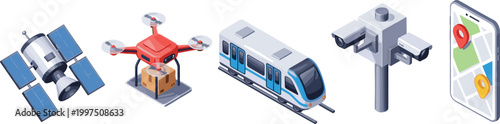 Set of Isometric Smart City Technology Icons Featuring Satellite Delivery Drone High Speed Train CCTV Surveillance and GPS Mobile Navigation for Modern Urban Infrastructure Designs