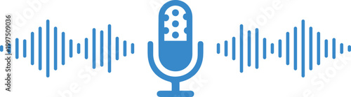 A vibrant illustration depicting a blue microphone with sound waves representing audio recording and broadcasting concepts