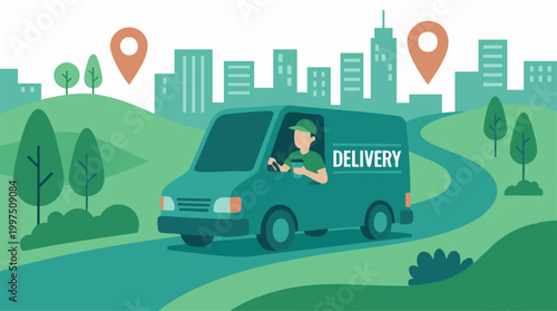 Delivery service van with driver on road against city skyline and green hills