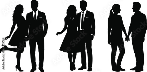 Set of Romantic Couple Silhouettes Featuring Men and Women in Formal and Casual Attire Holding Hands and Posing for Relationship and Wedding Design