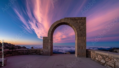 Minimalist stone arch framing a vast cloudscape at dusk, indigo and blush sky gradient, long exposure whisper clouds, sharp architectural silhouette, breathtaking wide angle 