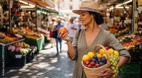 A woman shopping at a market, holding a basket of fresh fruits.
