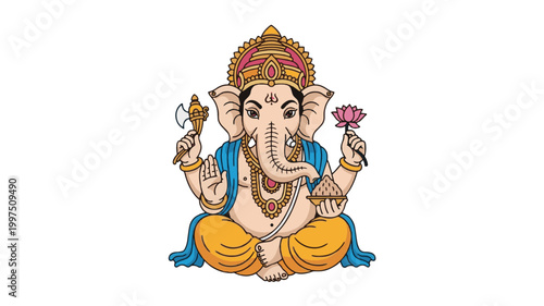 Cute Lord Ganesha Sitting Illustration Traditional Hindu God Cartoon Style for Festival and Spiritual Design