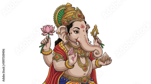 Lord Ganesha Holding Lotus Flower Traditional Indian Hindu God Illustration for Spiritual and Festival Use