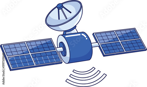 Modern Space Satellite Vector Illustration with Solar Panels and Communication Antenna Dish for Aerospace Technology Global Networking and Telecommunications Design Projects