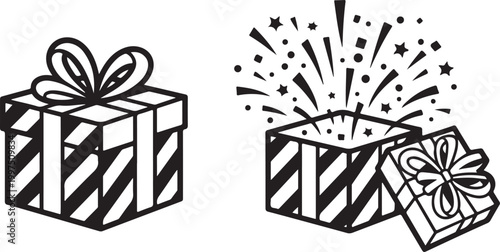 Funny Jack in the Box Surprise Toy Illustration Popping Out of Gift Box Design Element Vector. Gift Box Illustration Black and White