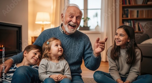 Grandfather and grandchildren sitting on the floor, laughing and talking.