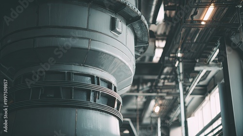 Industrial factory interior with heavy machinery and pipes