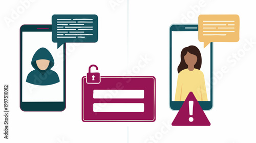 Cybersecurity phishing scam warning with hacker and user illustration