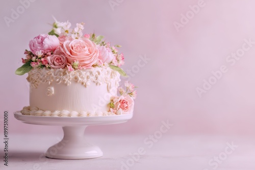 Elegant cake on white pedestal with pastel background