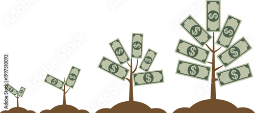 Illustration showing four stages of money tree growth from tiny sprout to fully bloomed tree with dollar bills instead of leaves, financial growth concept, investment success journey, wealth building 