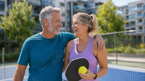 Happy Mature Couple Laughing Together After Playing Pickleball Outdoors For Active Senior Lifestyle Concepts