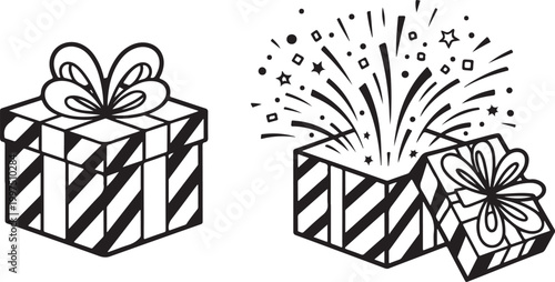 Funny Jack in the Box Surprise Toy Illustration Popping Out of Gift Box Design Element Vector. Gift Box Illustration Black and White