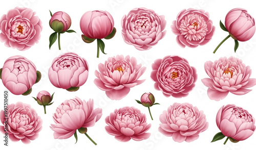 Realistic pink peony blossoms set in different blooming stages 3D floral illustration