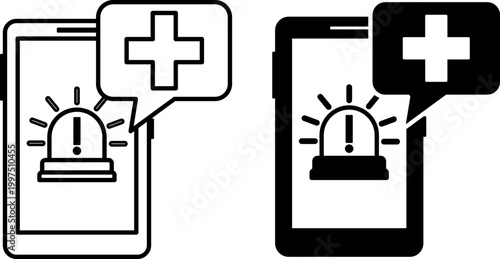 Emergency Icons. Line and Glyph Vector Icons. Mobile Phone, Siren, and Medical Cross. Call 911. Dangerous Situation in a Specific Area