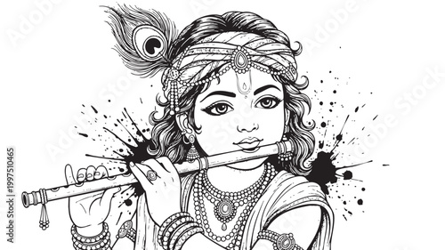 Lord Krishna Playing Flute Artistic Ink Splash Style Hindu God Illustration for Spiritual Design