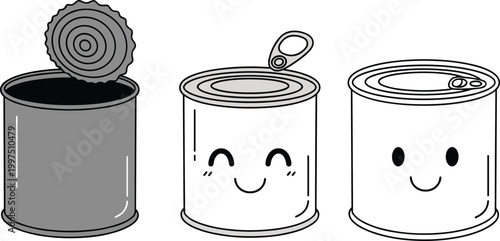 Cute Food Can Icon Set with Smiling Cartoon Tin Containers, Open Lid and Sealed Packaging, Minimal Line Vector Collection for Kitchen and Grocery Design