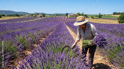 Farmer Manually Harvesting Purple Lavender Fields in Provence France Summer