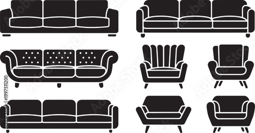 Collection of sofa and armchair silhouettes, furniture icons, interior design elements, living room seating Vector Illustration.