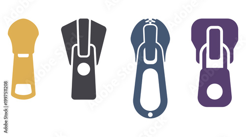 Colorful Zipper Puller Icon Set For Clothing Accessories And Fashion Design