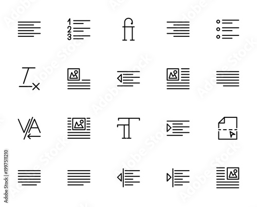 Alignment & Paragraph icon set. Minimal vector icons pack for text editing. Includes align left, align right, bullet list, indent, justify, font size, image, page and more. Editable stroke.