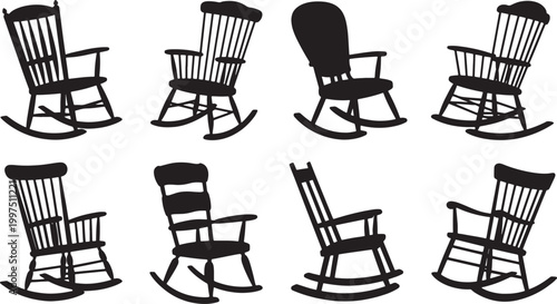 Collection of rocking chairs in silhouette, various styles and angles Vector Illustration on transparent background.